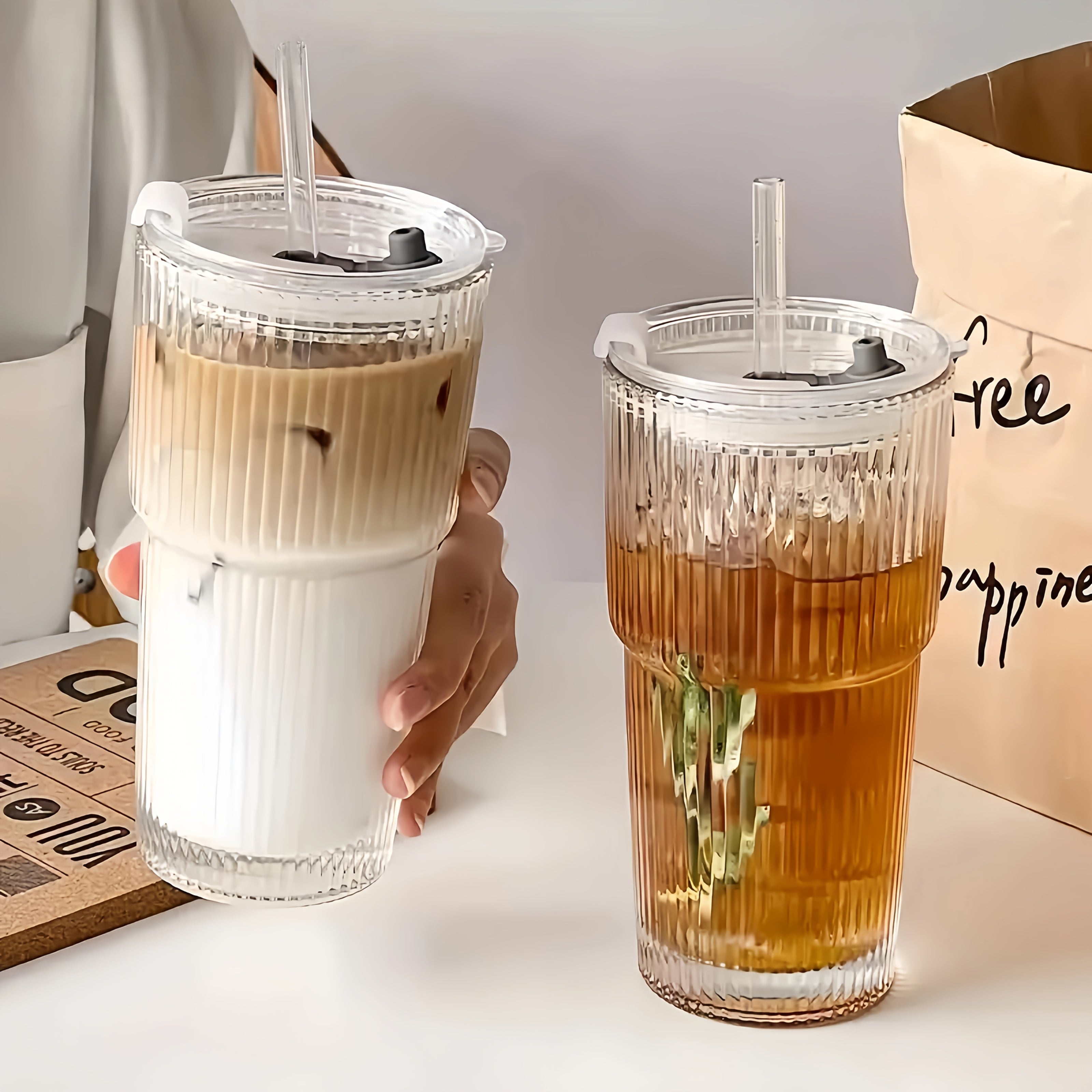 2pcs Ribbed Glass Cups with Lids & Straws, 20oz Reusable Cleaning Brushes for Iced Coffee, Juice, Smoothies - Non-Slip, Dishwasher Safe, Perfect for Home, Office, Parties, Party Supplies | Ribbed Texture Cup | Durable Glass Cup