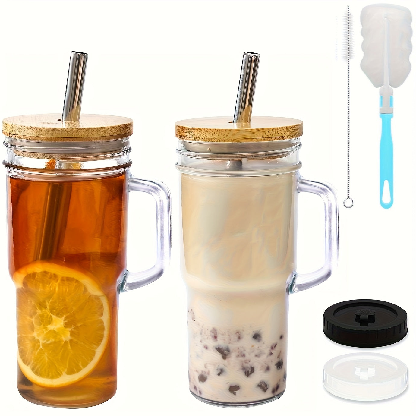 2/4pcs Glass Cup With Handle, Reusable Glass Cup With Lid And Wide Mouth Straw, Boba Cup Smoothie Cup Tipping Cup Iced Coffee Cup Car Cup, Complimentary Straw Brush And Cup Brush