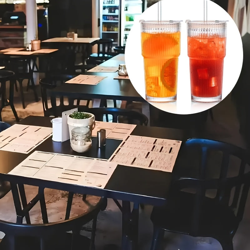 2pcs Set Of 600ml/20oz Glassware with Lid And Glass Straw Ribbed Glass Bucket, Thick Glass, Perfect for Iced Coffee, Smoothies, Cocktails, And Juices - Elegant And Durable Beverages