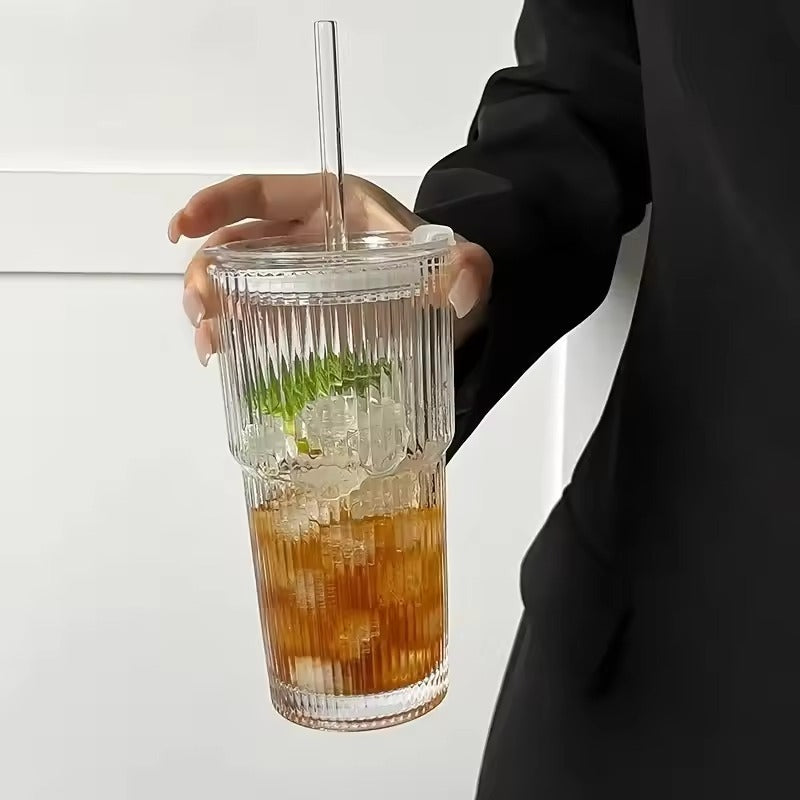 1Set 13.53/20.29oz Cup, Straws and Lids Wind High Value Glass Coffee Cup Simple Vertical Stripe Straw Cup Easy Cup Ice American Latte Water Cup