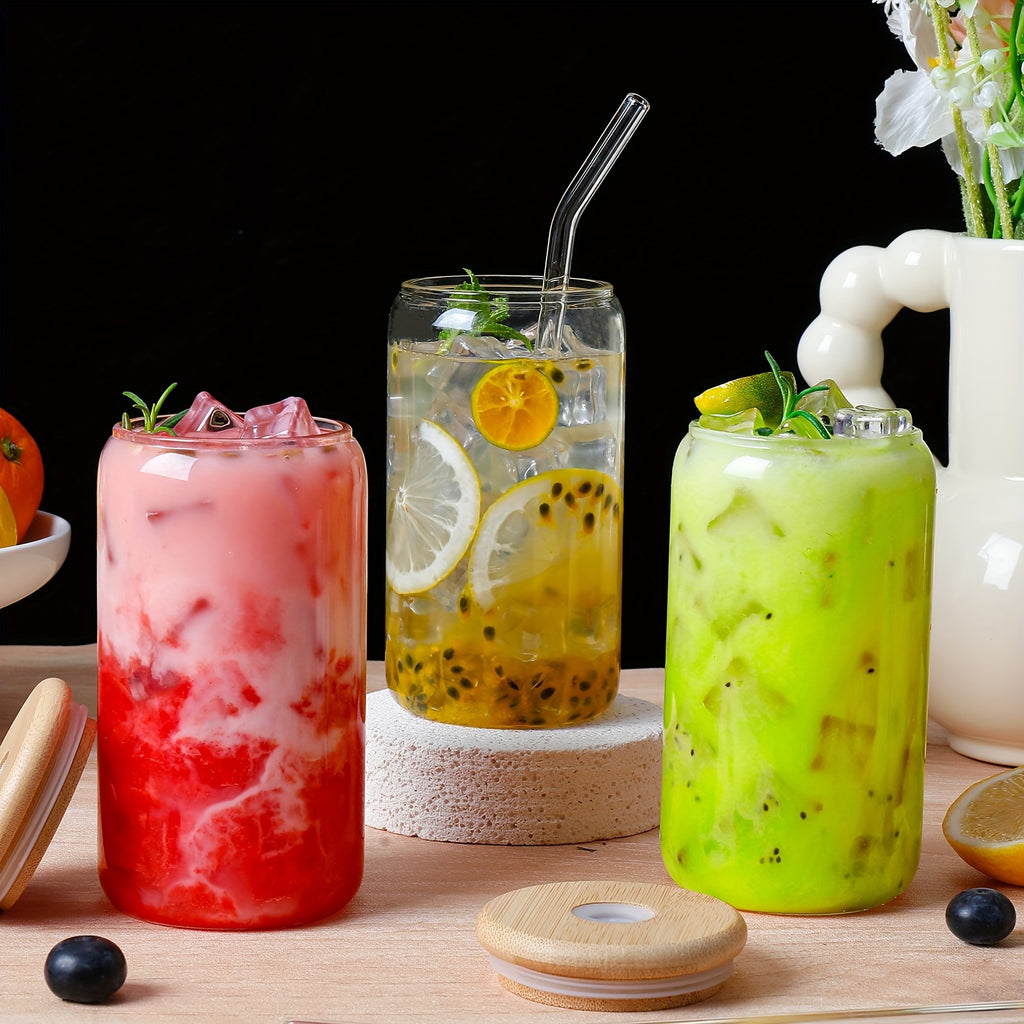 16pcs Glass Cup With Bamboo Lid And Glass Straw, Wife Gives To Mother - Cylindrical Drinking Cup, 16 Oz Iced Coffee Cup, Smoothie, Boba Tea, Water - 2 Cleaning Brushes