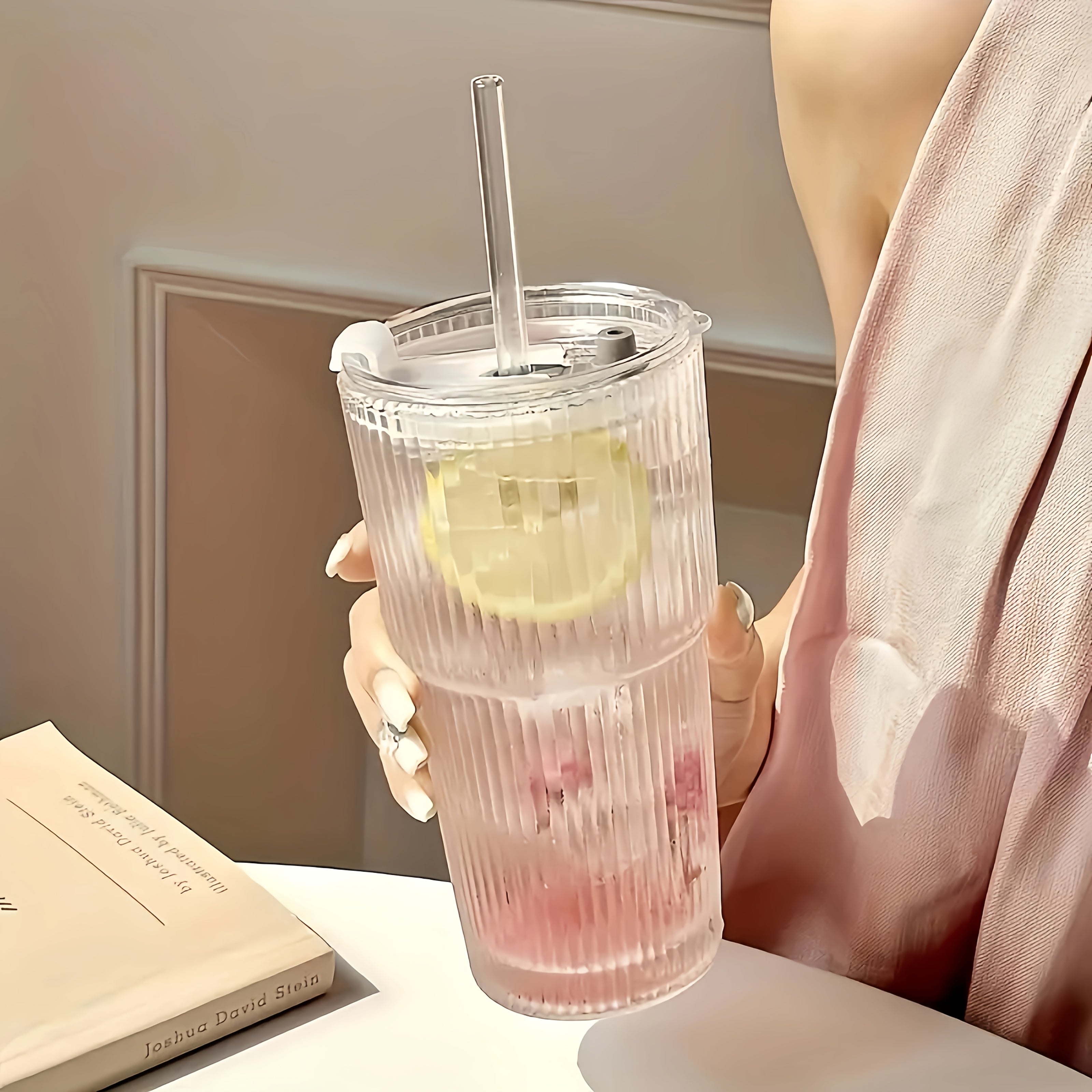 2pcs Ribbed Glass Cups with Lids & Straws, 20oz Reusable Cleaning Brushes for Iced Coffee, Juice, Smoothies - Non-Slip, Dishwasher Safe, Perfect for Home, Office, Parties, Party Supplies | Ribbed Texture Cup | Durable Glass Cup