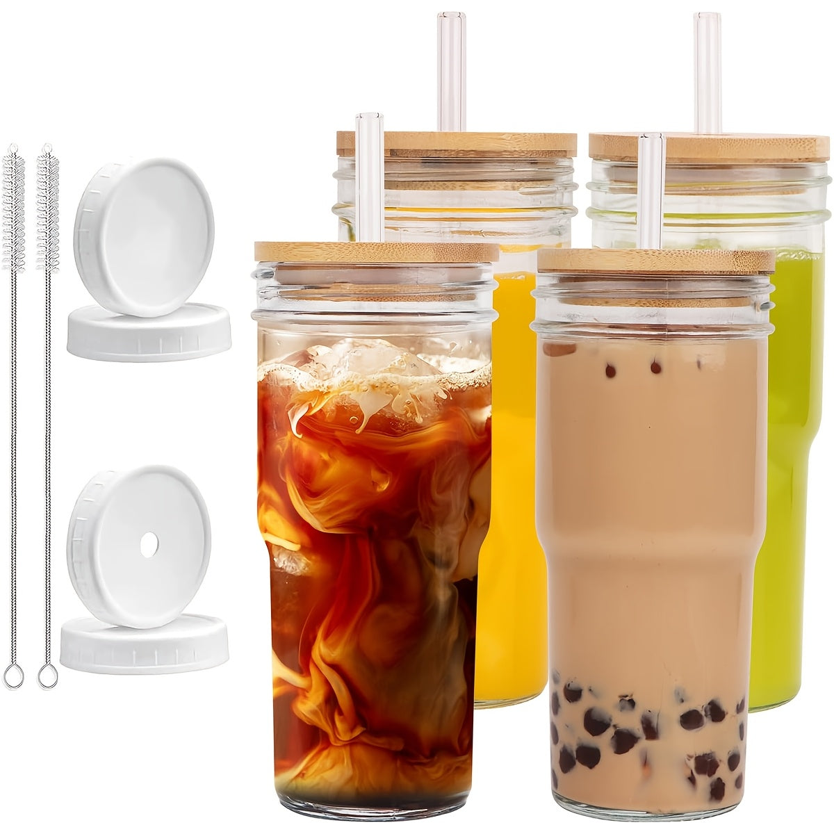 12pcs Glasses (4 White Lids + 4 Wooden Lids + 4 Glasses), Mason Jar Mugs, Storage Jars, 24 Oz Smoothie Glasses, Reusable Iced Coffee Mugs, Boba Mugs, Perfect Christmas Gift, New Year'S Gifts