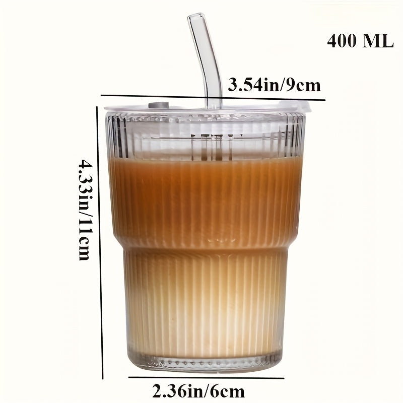 1Set 13.53/20.29oz Cup, Straws and Lids Wind High Value Glass Coffee Cup Simple Vertical Stripe Straw Cup Easy Cup Ice American Latte Water Cup