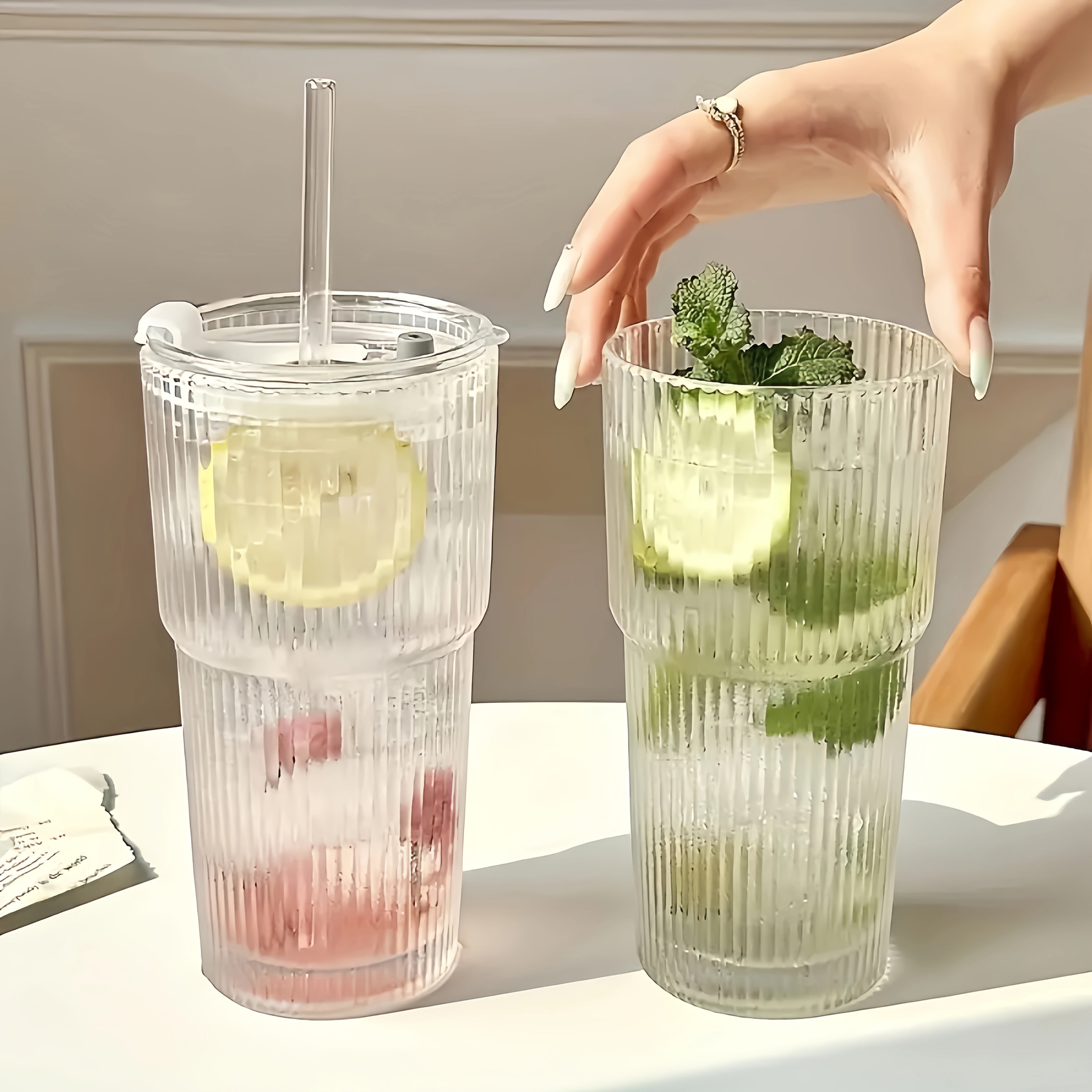 2pcs Ribbed Glass Cups with Lids & Straws, 20oz Reusable Cleaning Brushes for Iced Coffee, Juice, Smoothies - Non-Slip, Dishwasher Safe, Perfect for Home, Office, Parties, Party Supplies | Ribbed Texture Cup | Durable Glass Cup