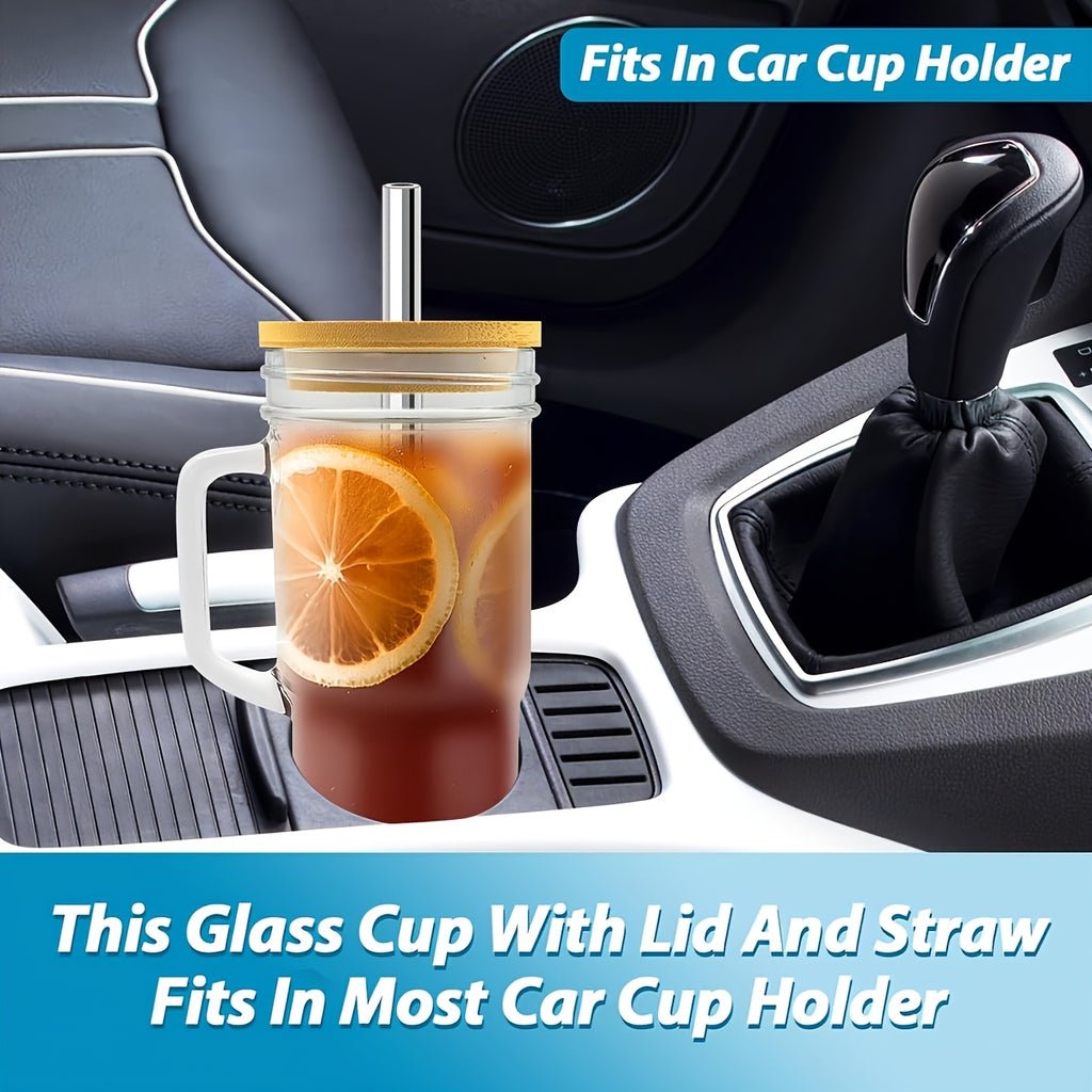 2/4pcs Glass Cup With Handle, Reusable Glass Cup With Lid And Wide Mouth Straw, Boba Cup Smoothie Cup Tipping Cup Iced Coffee Cup Car Cup, Complimentary Straw Brush And Cup Brush