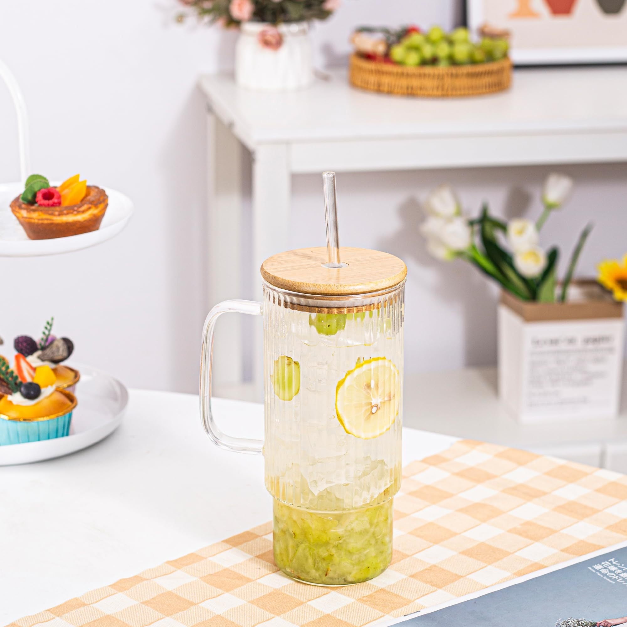 32oz Ribbed Glass Cup with Handle Bamboo Lid and Straw, Glass Tumbler, Iced Coffee Cups Hot/ Cold Drinks