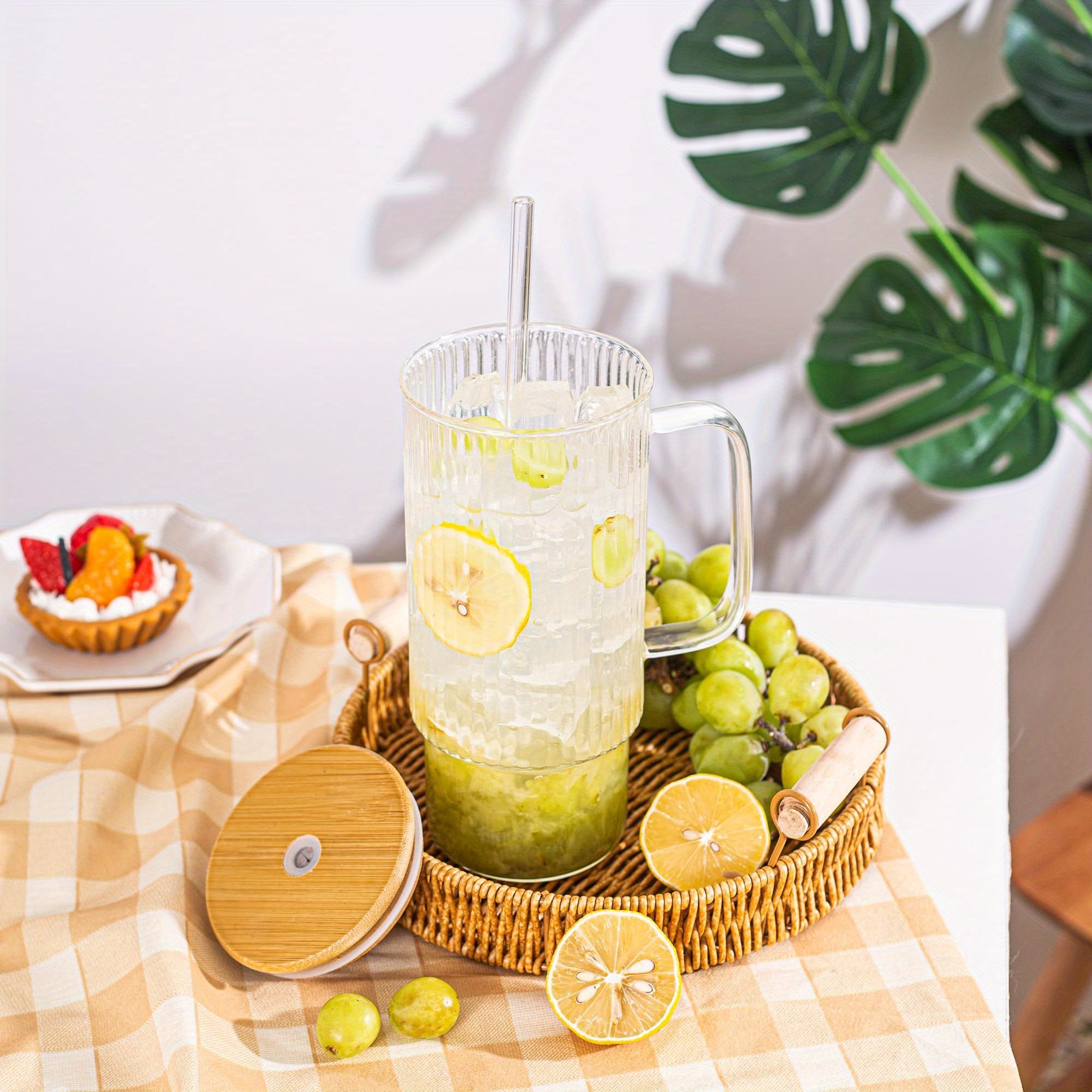 32oz Ribbed Glass Cup with Handle Bamboo Lid and Straw, Glass Tumbler, Iced Coffee Cups Hot/ Cold Drinks