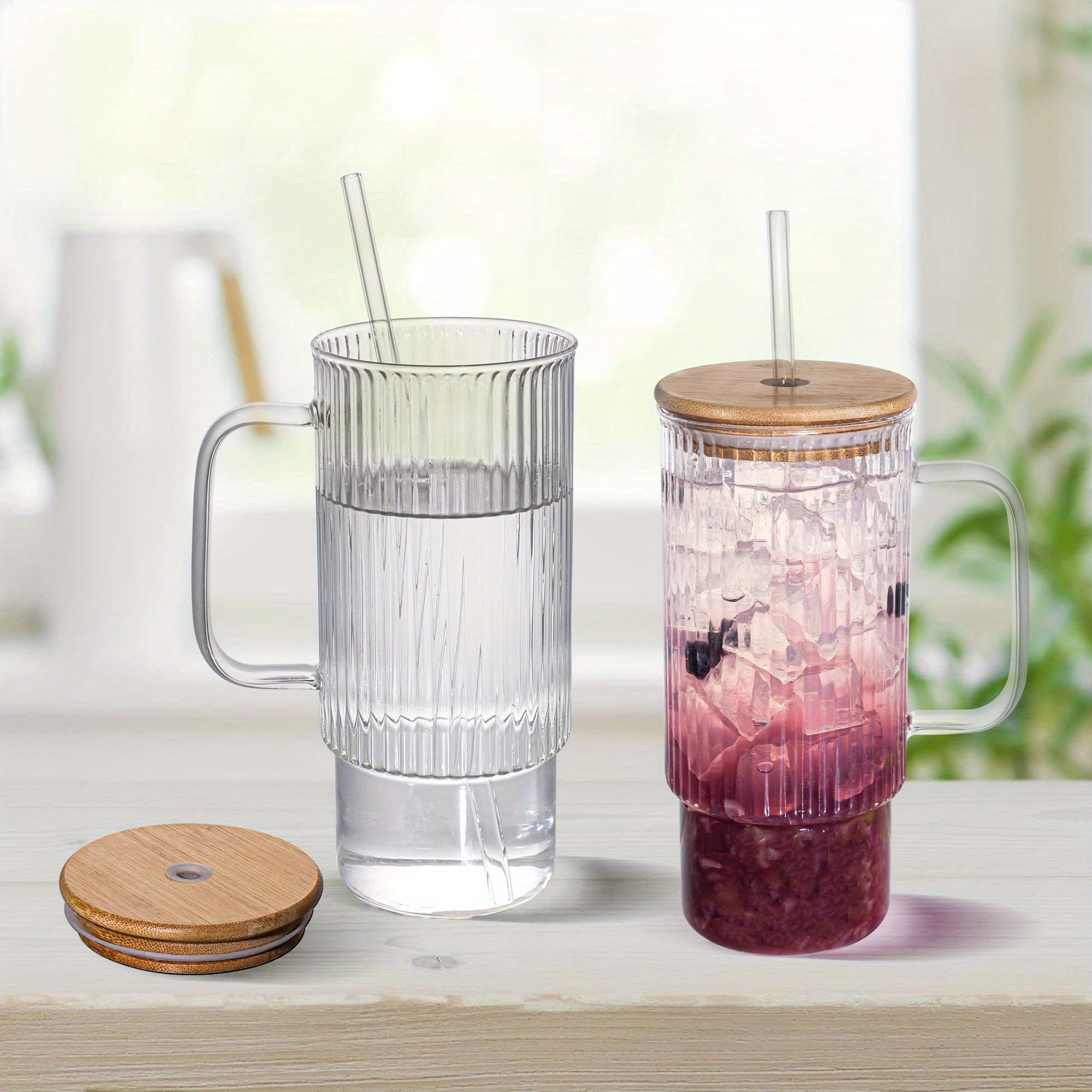 32oz Ribbed Glass Cup with Handle Bamboo Lid and Straw, Glass Tumbler, Iced Coffee Cups Hot/ Cold Drinks