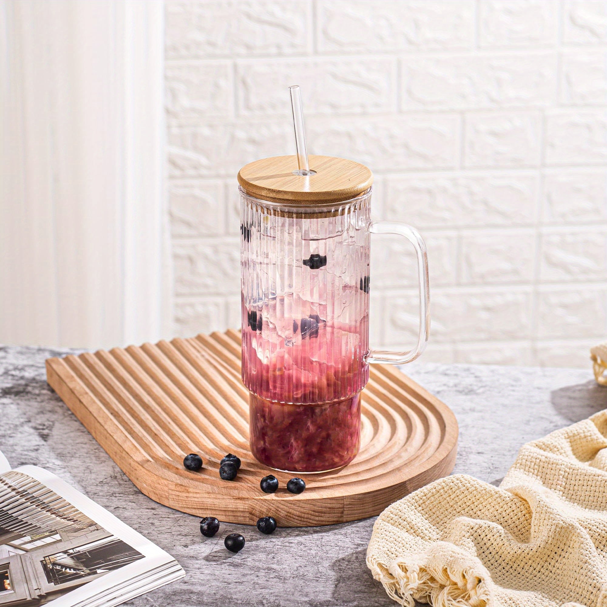 32oz Ribbed Glass Cup with Handle Bamboo Lid and Straw, Glass Tumbler, Iced Coffee Cups Hot/ Cold Drinks