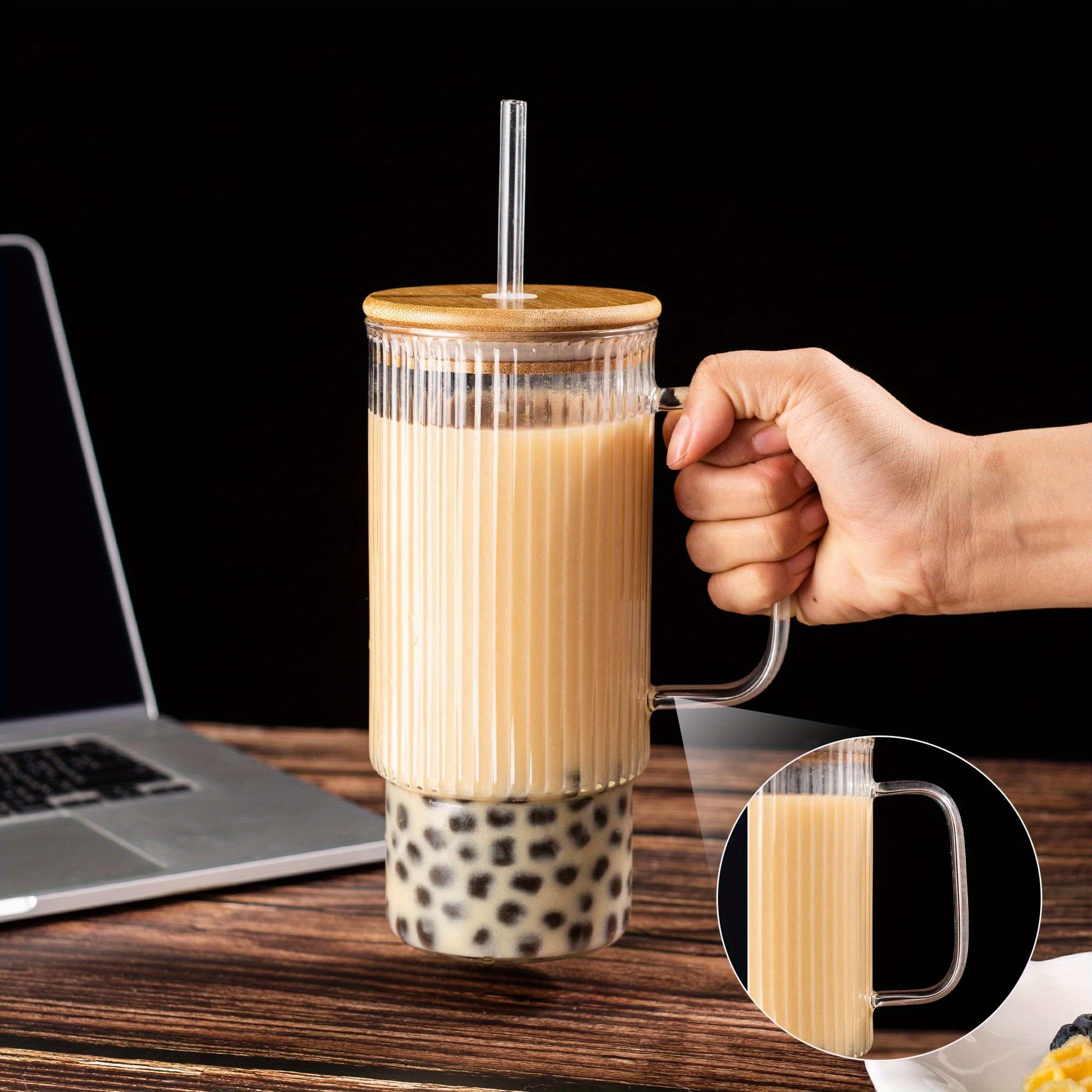 32oz Ribbed Glass Cup with Handle Bamboo Lid and Straw, Glass Tumbler, Iced Coffee Cups Hot/ Cold Drinks