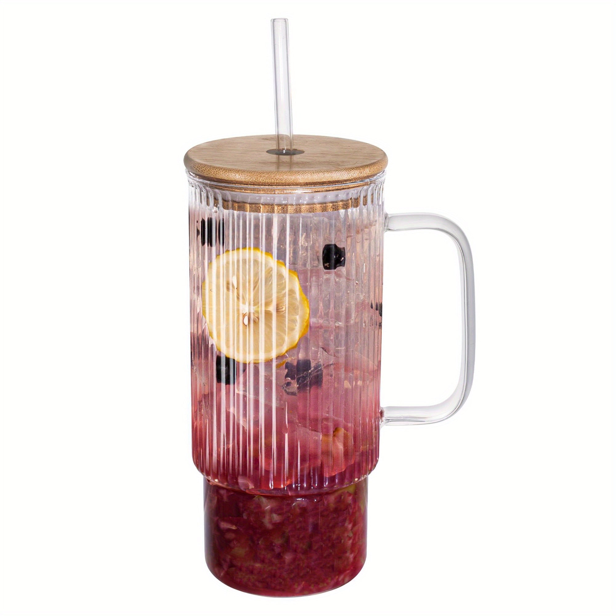 32oz Ribbed Glass Cup with Handle Bamboo Lid and Straw, Glass Tumbler, Iced Coffee Cups Hot/ Cold Drinks