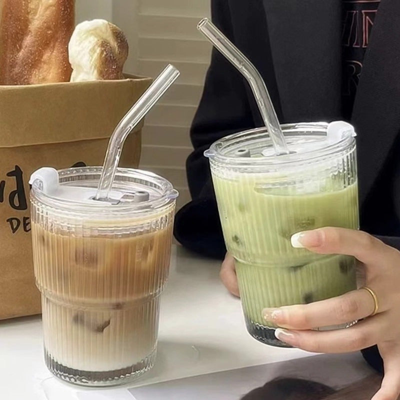 1Set 13.53/20.29oz Cup, Straws and Lids Wind High Value Glass Coffee Cup Simple Vertical Stripe Straw Cup Easy Cup Ice American Latte Water Cup