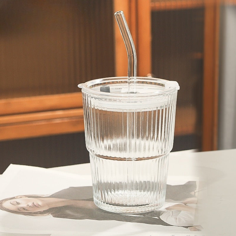 1Set 13.53/20.29oz Cup, Straws and Lids Wind High Value Glass Coffee Cup Simple Vertical Stripe Straw Cup Easy Cup Ice American Latte Water Cup