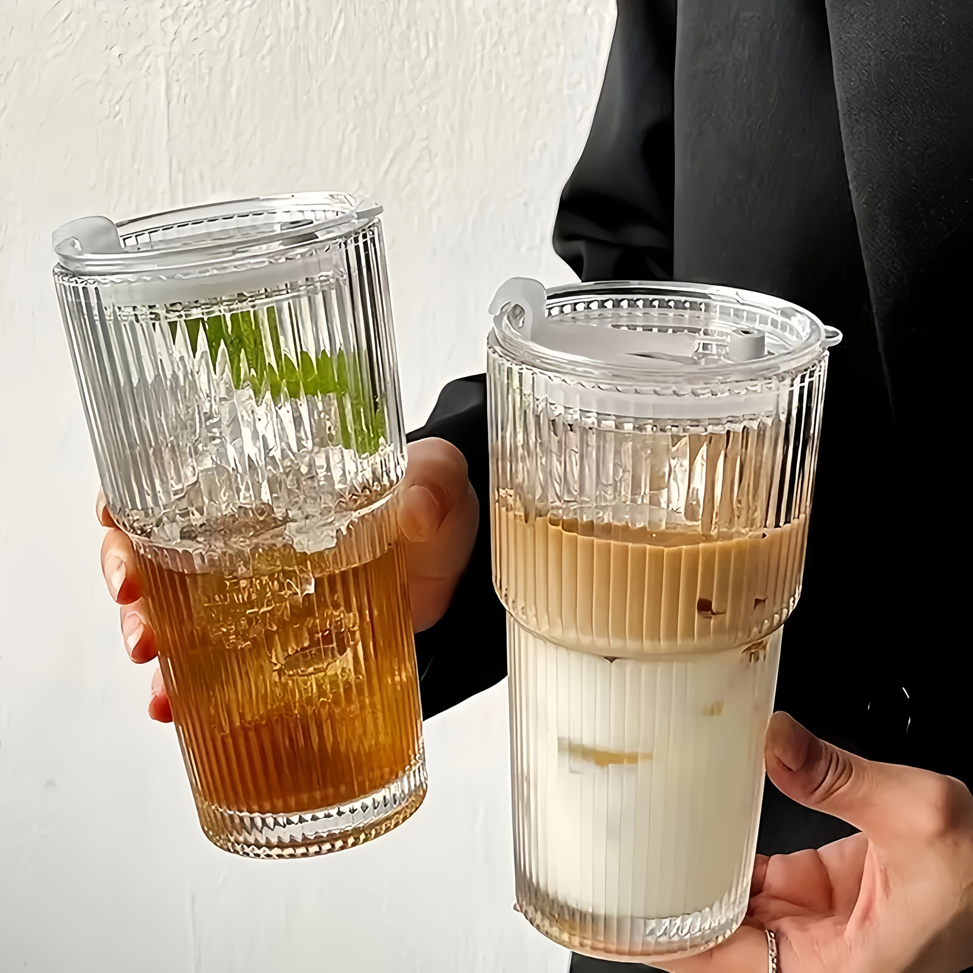 2pcs Ribbed Glass Cups with Lids & Straws, 20oz Reusable Cleaning Brushes for Iced Coffee, Juice, Smoothies - Non-Slip, Dishwasher Safe, Perfect for Home, Office, Parties, Party Supplies | Ribbed Texture Cup | Durable Glass Cup