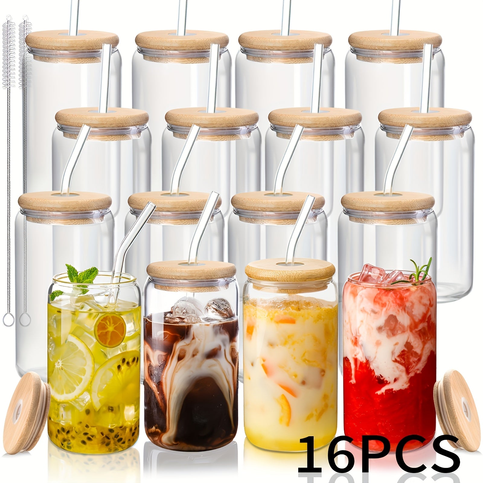 16pcs Glass Cup With Bamboo Lid And Glass Straw, Wife Gives To Mother - Cylindrical Drinking Cup, 16 Oz Iced Coffee Cup, Smoothie, Boba Tea, Water - 2 Cleaning Brushes