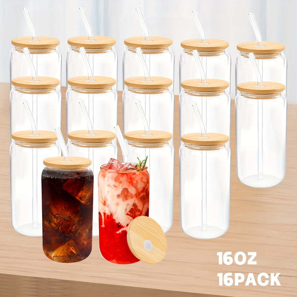 16pcs, 16oz Glass Cup with Straw, Bamboo Lid & Cleaning Brush, Coffee Cup, Bottle Water Coffee Drinking Cup Set for Milk Tea, Juice, Cola, Mother Day, Party, Birthday, Wedding Gift Cup, Kitchen Items