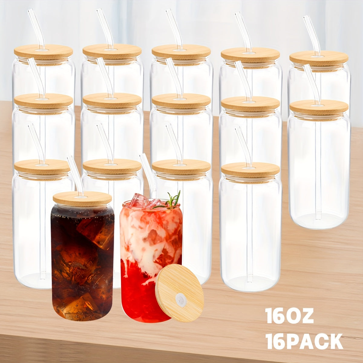 16pcs, 16oz Glass Cup with Straw, Bamboo Lid & Cleaning Brush, Coffee Cup, Bottle Water Coffee Drinking Cup Set for Milk Tea, Juice, Cola, Mother Day, Party, Birthday, Wedding Gift Cup, Kitchen Items