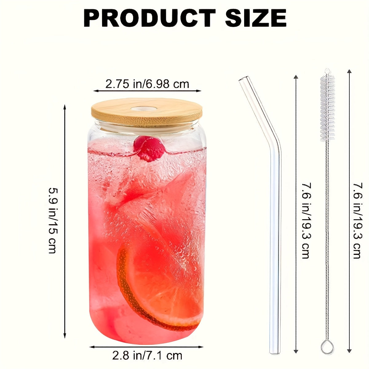 16pcs Glass Cup With Bamboo Lid And Glass Straw, Wife Gives To Mother - Cylindrical Drinking Cup, 16 Oz Iced Coffee Cup, Smoothie, Boba Tea, Water - 2 Cleaning Brushes