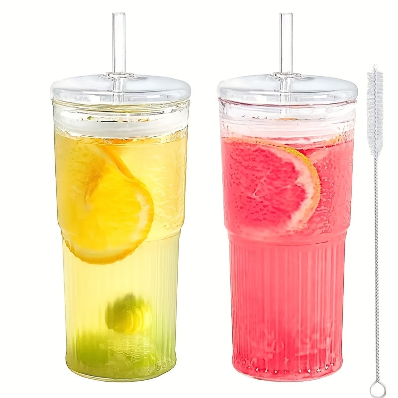2-Pack Glass Tumbler Set with Lids and Straws, 650ml - Leakproof, Reusable Transparent Drinkware for Iced Coffee, Smoothies - Ideal for Office, Camping, Home Use - Gift-Friendly