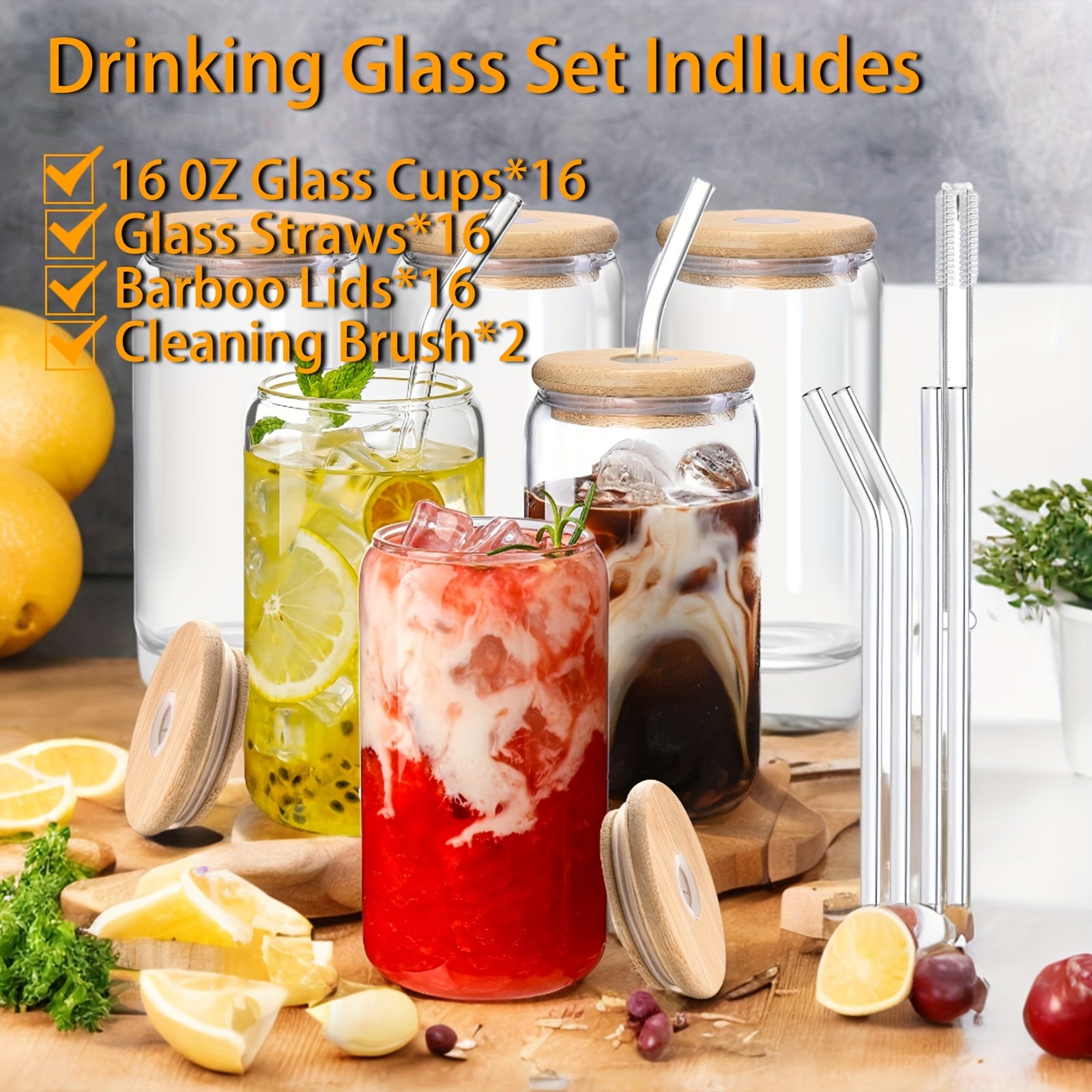 16pcs Glass Cup With Bamboo Lid And Glass Straw, Wife Gives To Mother - Cylindrical Drinking Cup, 16 Oz Iced Coffee Cup, Smoothie, Boba Tea, Water - 2 Cleaning Brushes