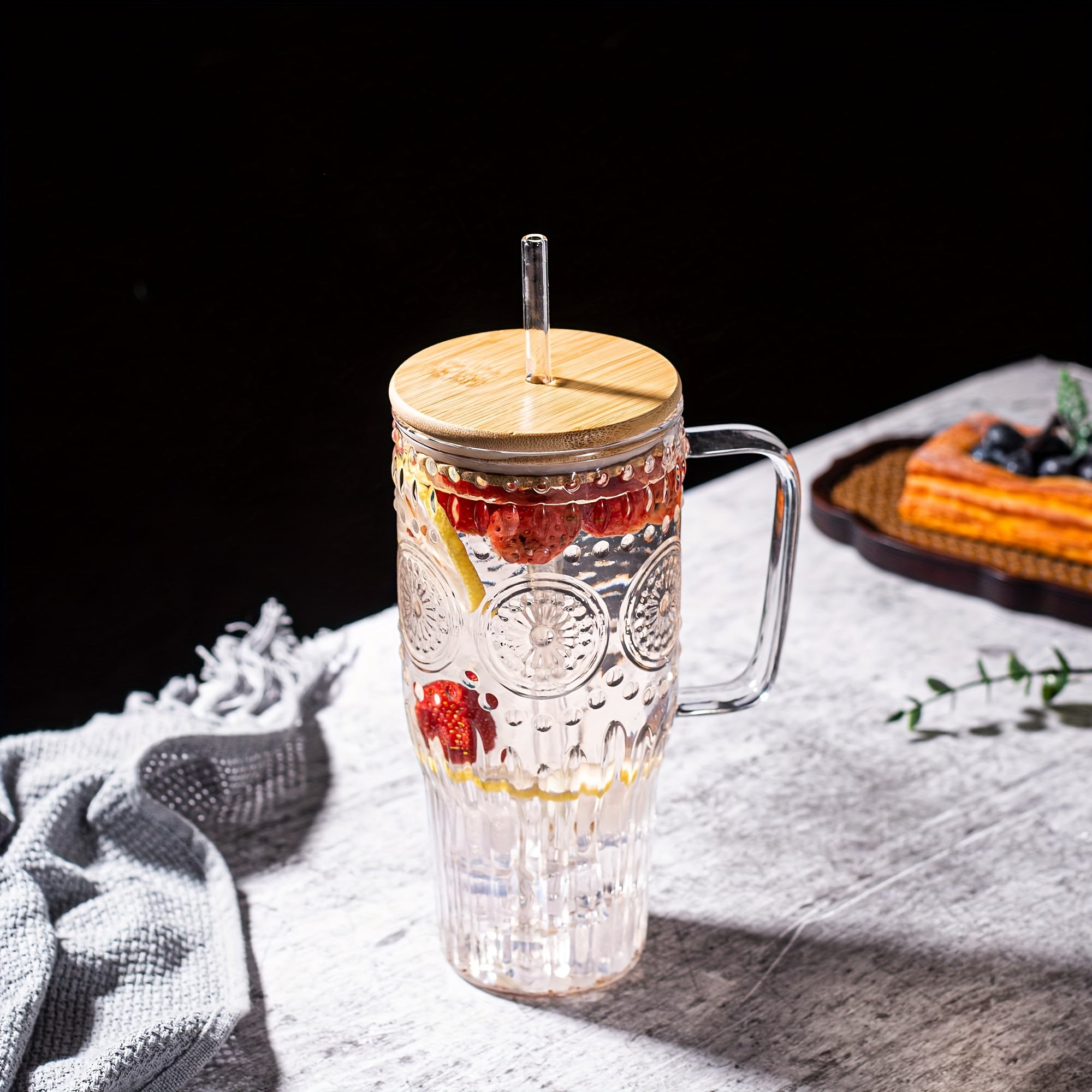 32oz Vintage Glass Cup With Handle With Bamboo Lids And Straws - Borosilicate Glass Tumbler For Hot And Cold Drinks