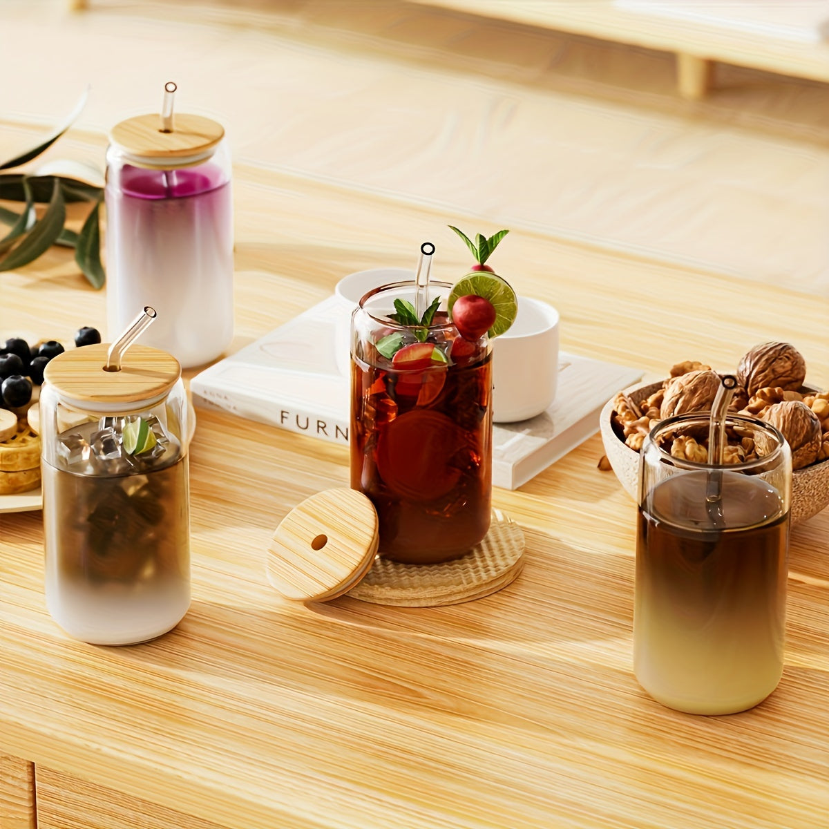 16pcs, 16oz Glass Cup with Straw, Bamboo Lid & Cleaning Brush, Coffee Cup, Bottle Water Coffee Drinking Cup Set for Milk Tea, Juice, Cola, Mother Day, Party, Birthday, Wedding Gift Cup, Kitchen Items