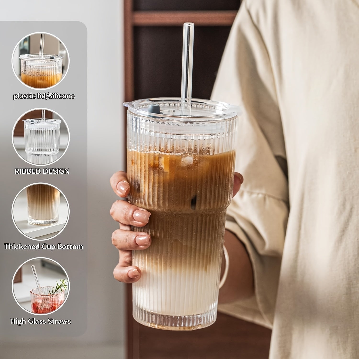 2pcs Set Of 600ml/20oz Glassware with Lid And Glass Straw Ribbed Glass Bucket, Thick Glass, Perfect for Iced Coffee, Smoothies, Cocktails, And Juices - Elegant And Durable Beverages