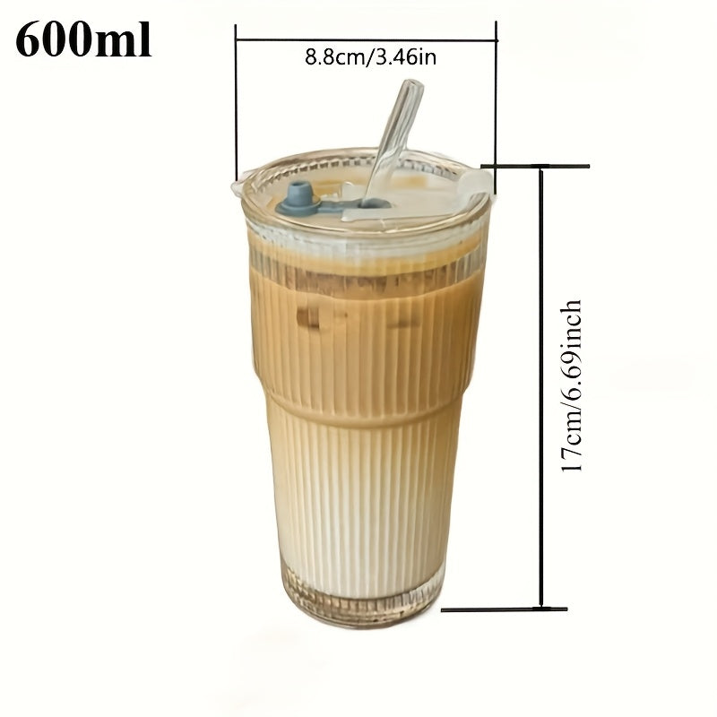 1Set 13.53/20.29oz Cup, Straws and Lids Wind High Value Glass Coffee Cup Simple Vertical Stripe Straw Cup Easy Cup Ice American Latte Water Cup