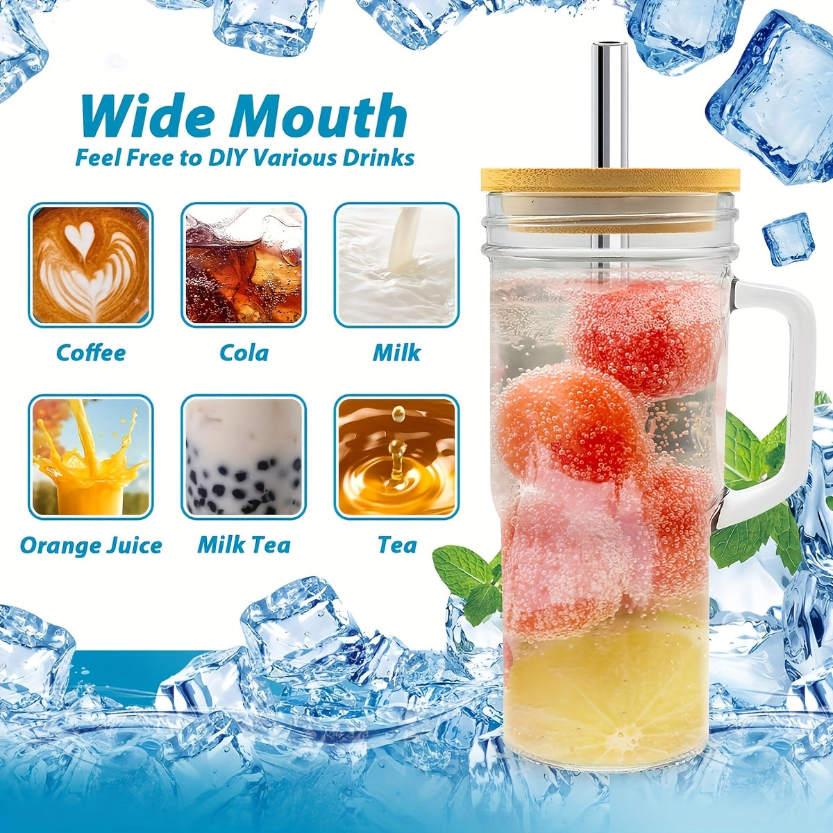 2/4pcs Glass Cup With Handle, Reusable Glass Cup With Lid And Wide Mouth Straw, Boba Cup Smoothie Cup Tipping Cup Iced Coffee Cup Car Cup, Complimentary Straw Brush And Cup Brush