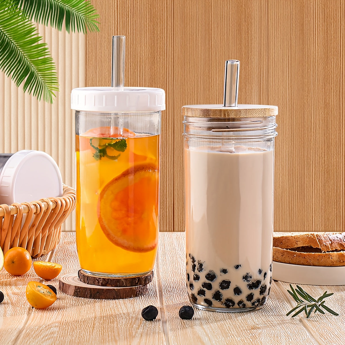 4 Caviar Cups, Large Capacity Glass Cups with Straw And Bamboo Lid, 24oz Mason Cups, Straw Milk Tea Cups, Car Ice Cups, Suitable for Beverages, Milk Tea, Beer, Exquisite Gifts