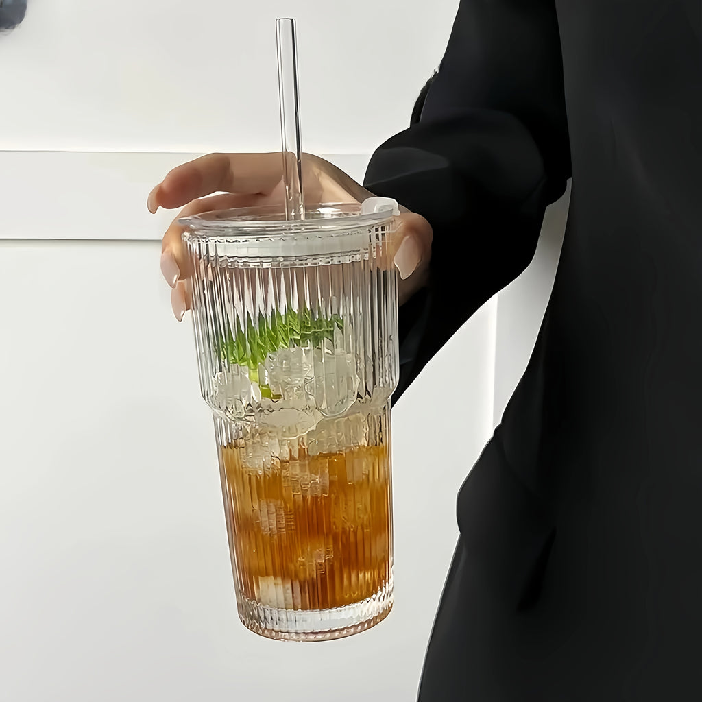 2pcs Ribbed Glass Cups with Lids & Straws, 20oz Reusable Cleaning Brushes for Iced Coffee, Juice, Smoothies - Non-Slip, Dishwasher Safe, Perfect for Home, Office, Parties, Party Supplies | Ribbed Texture Cup | Durable Glass Cup