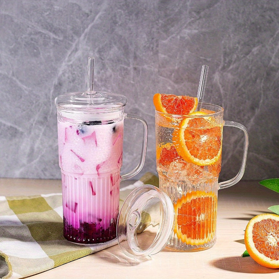 2pcs Amzcku 20oz Borosilicate Glass Tumblers with Lids & Straws - Wide Mouth, Handle, Clear Ice Coffee Cups for Smoothies, Iced Beverages, Citrus & Purple Drinks, Beverage Drinking Glasses | Stylish Clear Cups | Durable Glassware