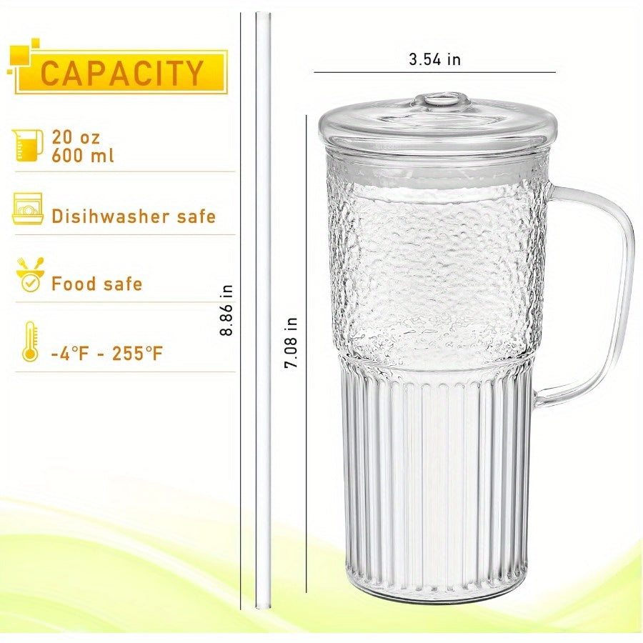 2pcs Amzcku 20oz Borosilicate Glass Tumblers with Lids & Straws - Wide Mouth, Handle, Clear Ice Coffee Cups for Smoothies, Iced Beverages, Citrus & Purple Drinks, Beverage Drinking Glasses | Stylish Clear Cups | Durable Glassware