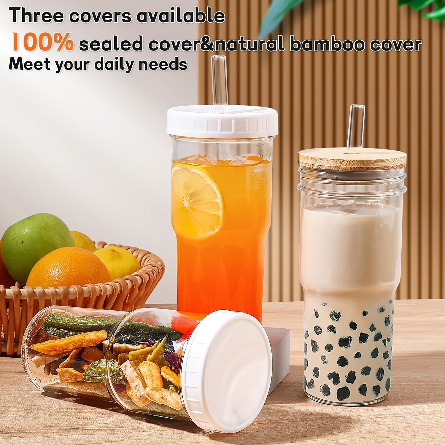 12pcs Glasses (4 White Lids + 4 Wooden Lids + 4 Glasses), Mason Jar Mugs, Storage Jars, 24 Oz Smoothie Glasses, Reusable Iced Coffee Mugs, Boba Mugs, Perfect Christmas Gift, New Year'S Gifts