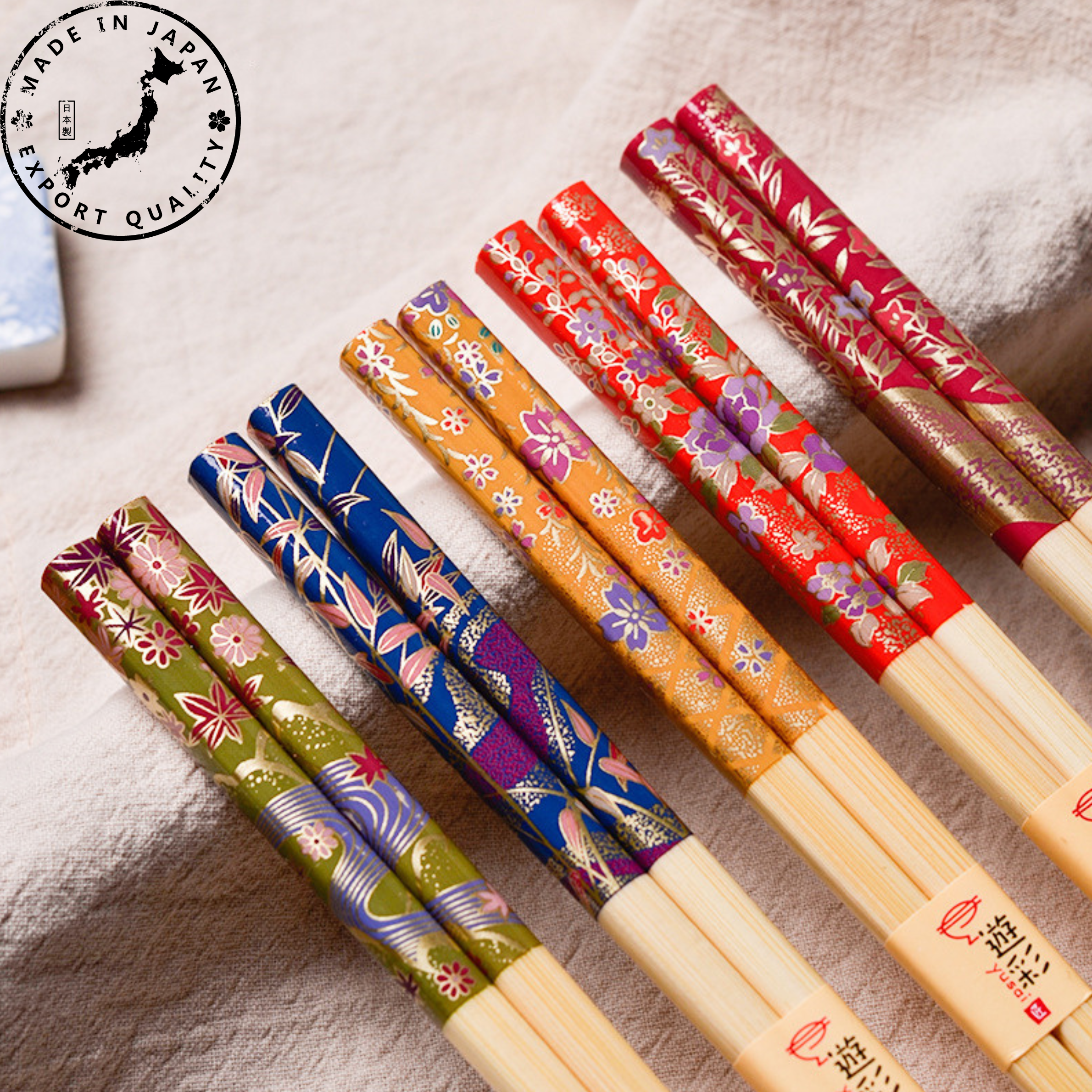 Japanese Botanical Handcrafted Bamboo Chopsticks Set of 5