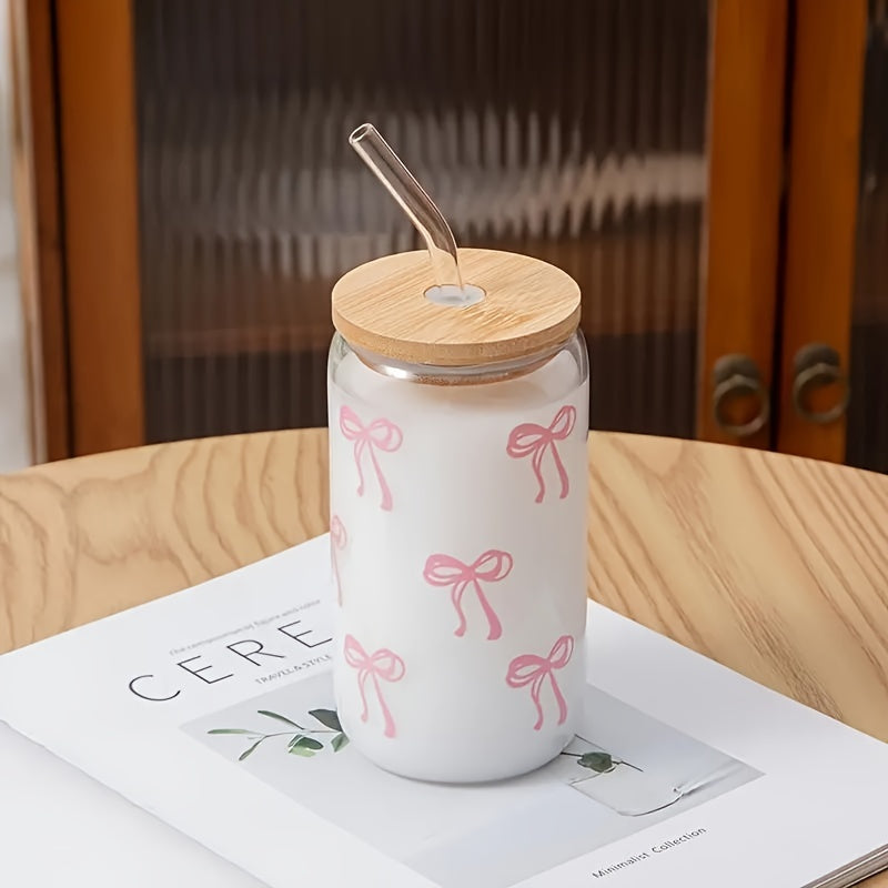 16Oz Pink Bow Tumbler with Bamboo Lid And Straw - Insulated, Reusable, Suitable for Hot And Cold Drinks, Perfect with Smoothies, Iced Tea, Juice, Beer - Perfect for Home, Office, Parties Cute Tumbler with Lid And Straw Local Warehouse Christmas Gifts