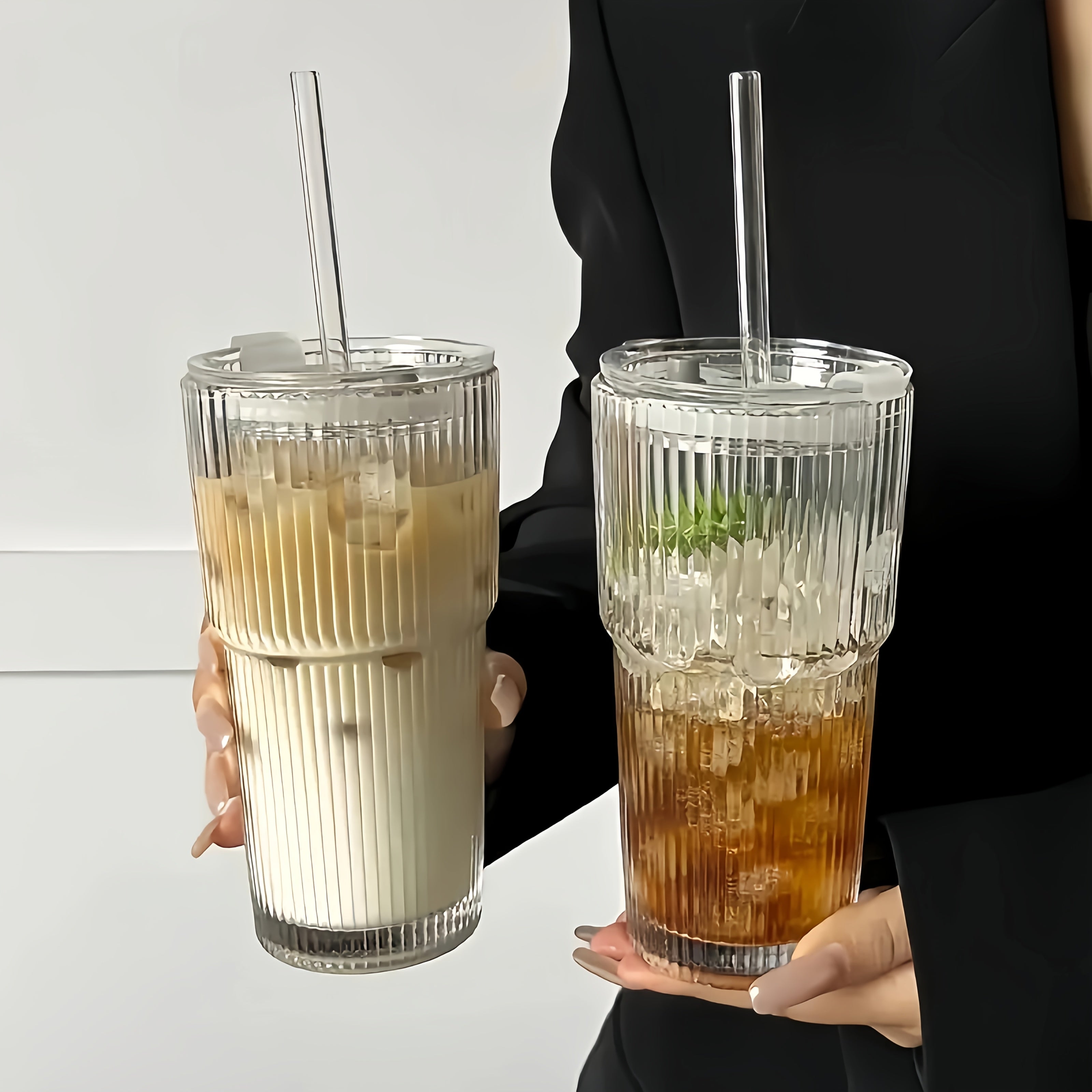 2pcs Ribbed Glass Cups with Lids & Straws, 20oz Reusable Cleaning Brushes for Iced Coffee, Juice, Smoothies - Non-Slip, Dishwasher Safe, Perfect for Home, Office, Parties, Party Supplies | Ribbed Texture Cup | Durable Glass Cup