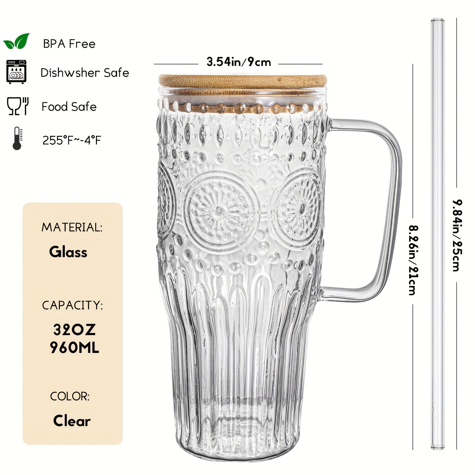 32oz Vintage Glass Cup With Handle With Bamboo Lids And Straws - Borosilicate Glass Tumbler For Hot And Cold Drinks