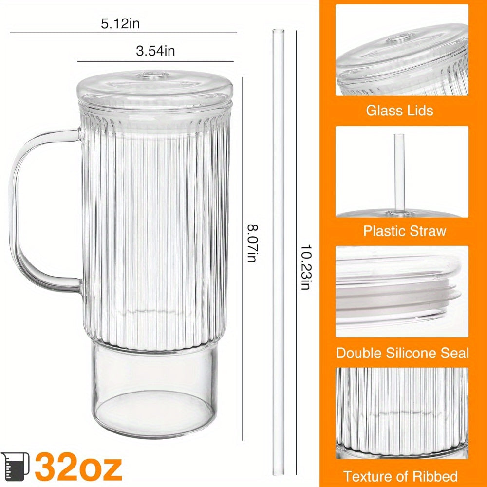 32oz Ribbed Glass Cup with Handle glass Lid and Plastic Straw, Glass Tumbler, Iced Coffee Cups Hot/ Cold Drinks