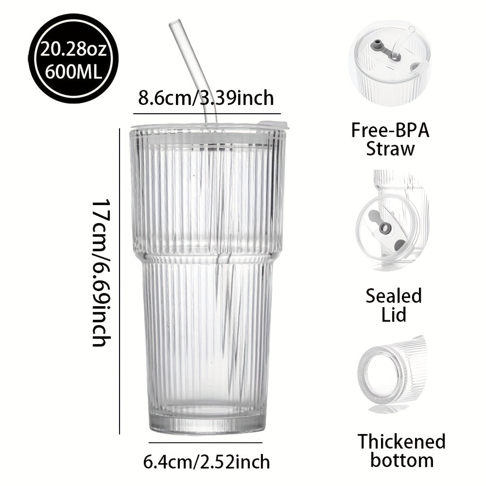 20.28oz Glass Coffee Mug with Lid and Straw, 600ml Multipurpose Insulated Reusable Glass Cup, Hand Wash Only, Ideal for Home, Office, Travel - 1pc