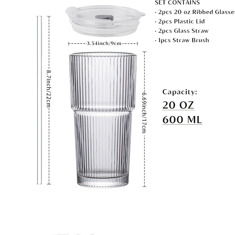 2pcs Set Of 600ml/20oz Glassware with Lid And Glass Straw Ribbed Glass Bucket, Thick Glass, Perfect for Iced Coffee, Smoothies, Cocktails, And Juices - Elegant And Durable Beverages