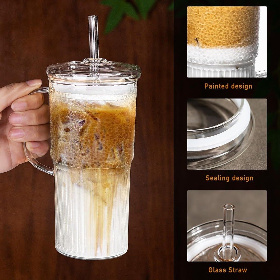 2pcs Amzcku 20oz Borosilicate Glass Tumblers with Lids & Straws - Wide Mouth, Handle, Clear Ice Coffee Cups for Smoothies, Iced Beverages, Citrus & Purple Drinks, Beverage Drinking Glasses | Stylish Clear Cups | Durable Glassware