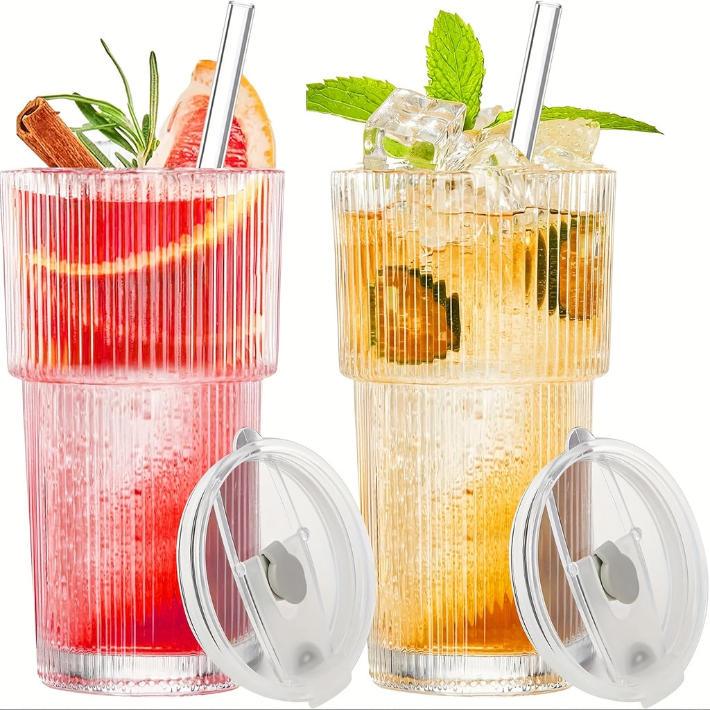 2pcs Ribbed Glass Cups with Lids & Straws, 20oz Reusable Cleaning Brushes for Iced Coffee, Juice, Smoothies - Non-Slip, Dishwasher Safe, Perfect for Home, Office, Parties, Party Supplies | Ribbed Texture Cup | Durable Glass Cup
