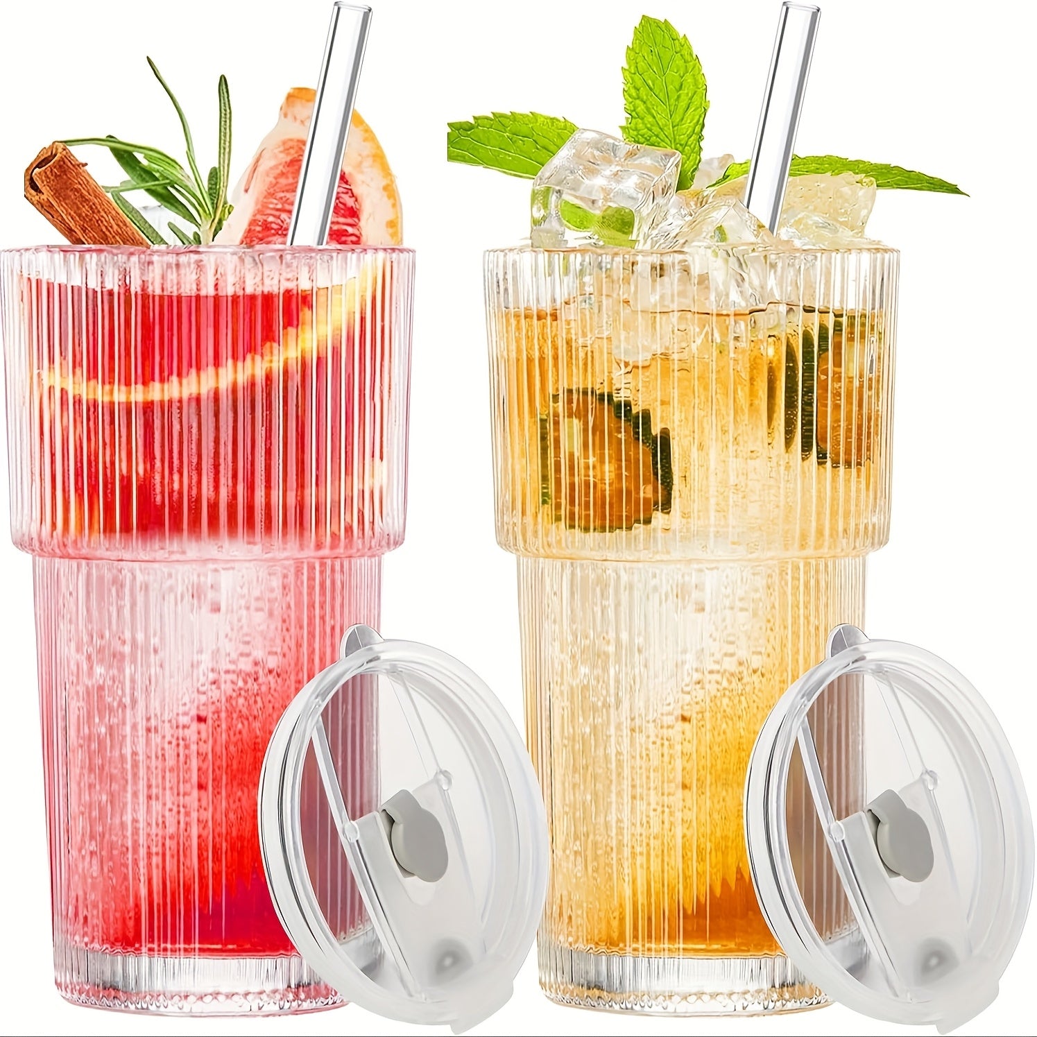 2pcs Ribbed Glass Cups with Lids & Straws, 20oz Reusable Cleaning Brushes for Iced Coffee, Juice, Smoothies - Non-Slip, Dishwasher Safe, Perfect for Home, Office, Parties, Party Supplies | Ribbed Texture Cup | Durable Glass Cup