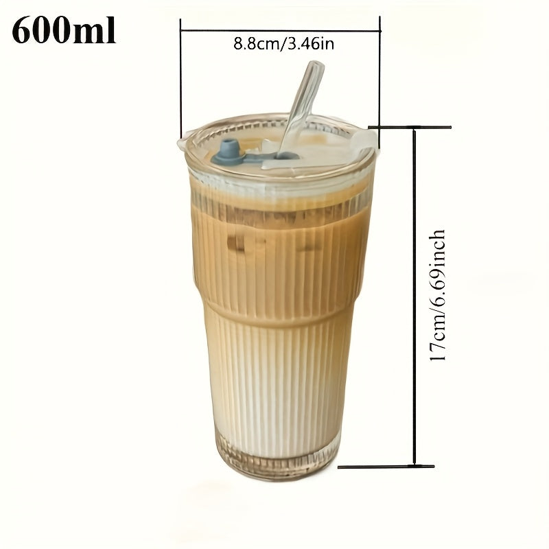 1Set 13.53/20.29oz Cup, Straws and Lids Wind High Value Glass Coffee Cup Simple Vertical Stripe Straw Cup Easy Cup Ice American Latte Water Cup