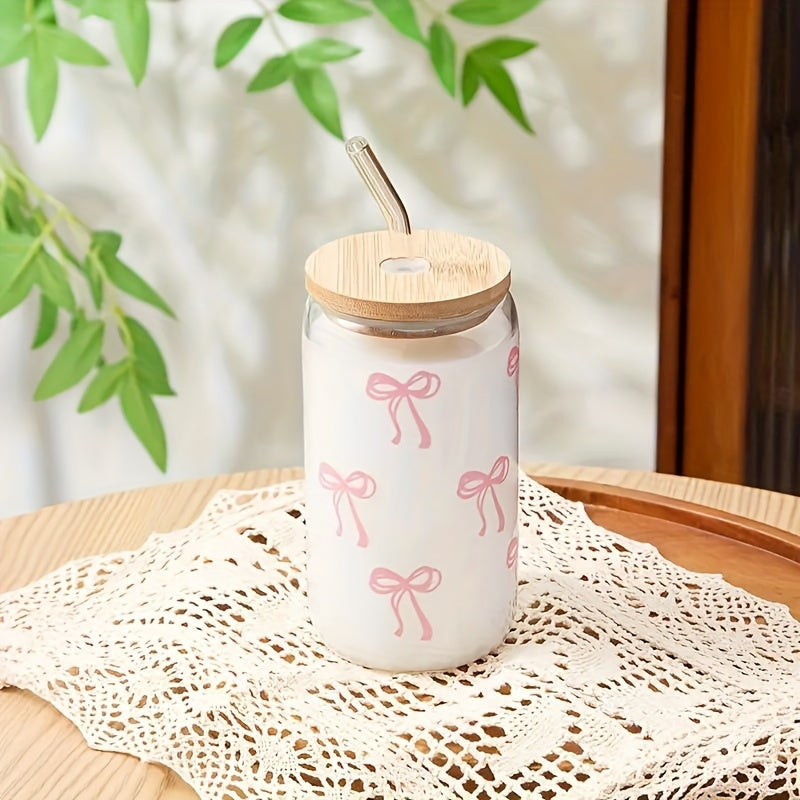16Oz Pink Bow Tumbler with Bamboo Lid And Straw - Insulated, Reusable, Suitable for Hot And Cold Drinks, Perfect with Smoothies, Iced Tea, Juice, Beer - Perfect for Home, Office, Parties Cute Tumbler with Lid And Straw Local Warehouse Christmas Gifts