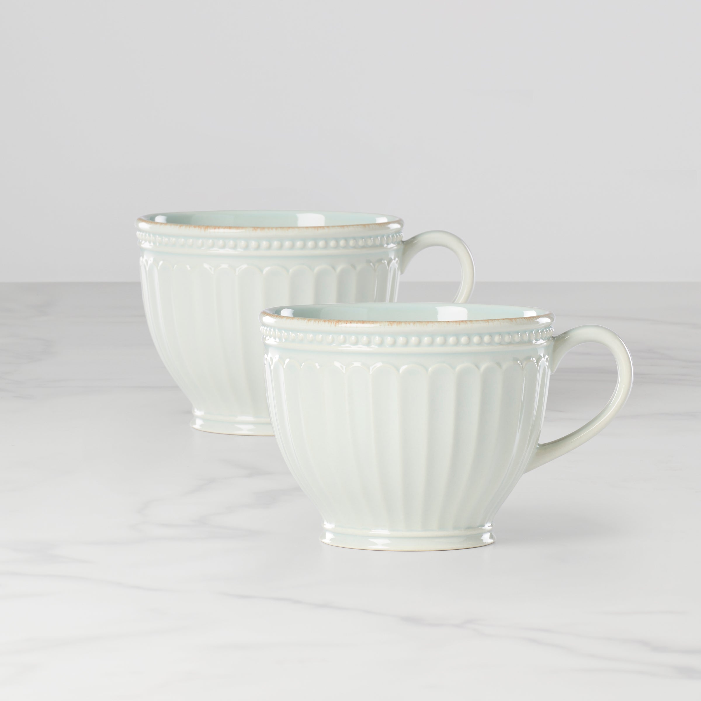 French Perle Groove Blue Latte Mugs - Set of 2
