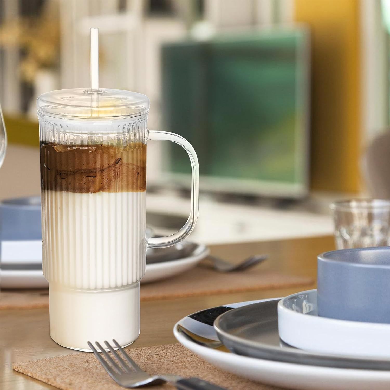 32oz Ribbed Glass Cup with Handle glass Lid and Plastic Straw, Glass Tumbler, Iced Coffee Cups Hot/ Cold Drinks