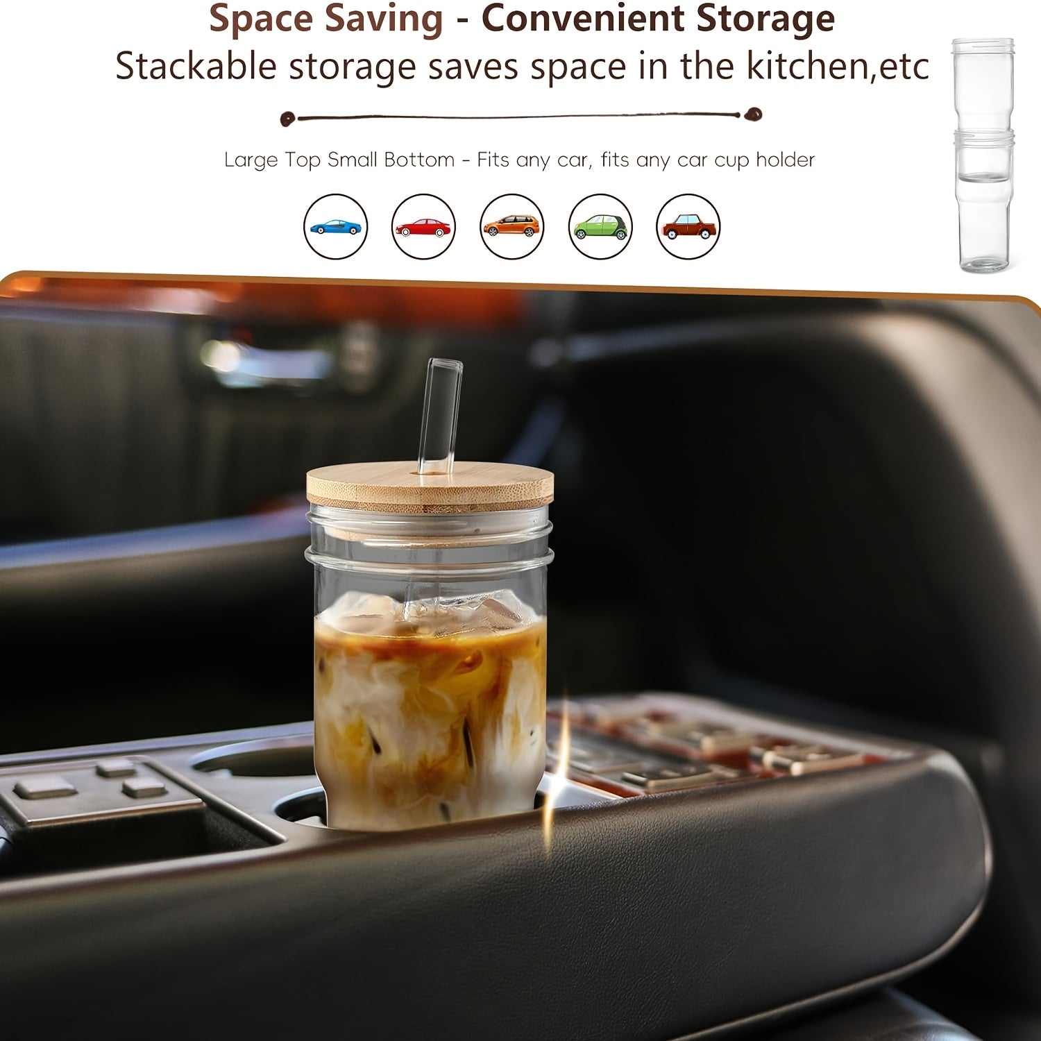 12pcs Glasses (4 White Lids + 4 Wooden Lids + 4 Glasses), Mason Jar Mugs, Storage Jars, 24 Oz Smoothie Glasses, Reusable Iced Coffee Mugs, Boba Mugs, Perfect Christmas Gift, New Year'S Gifts